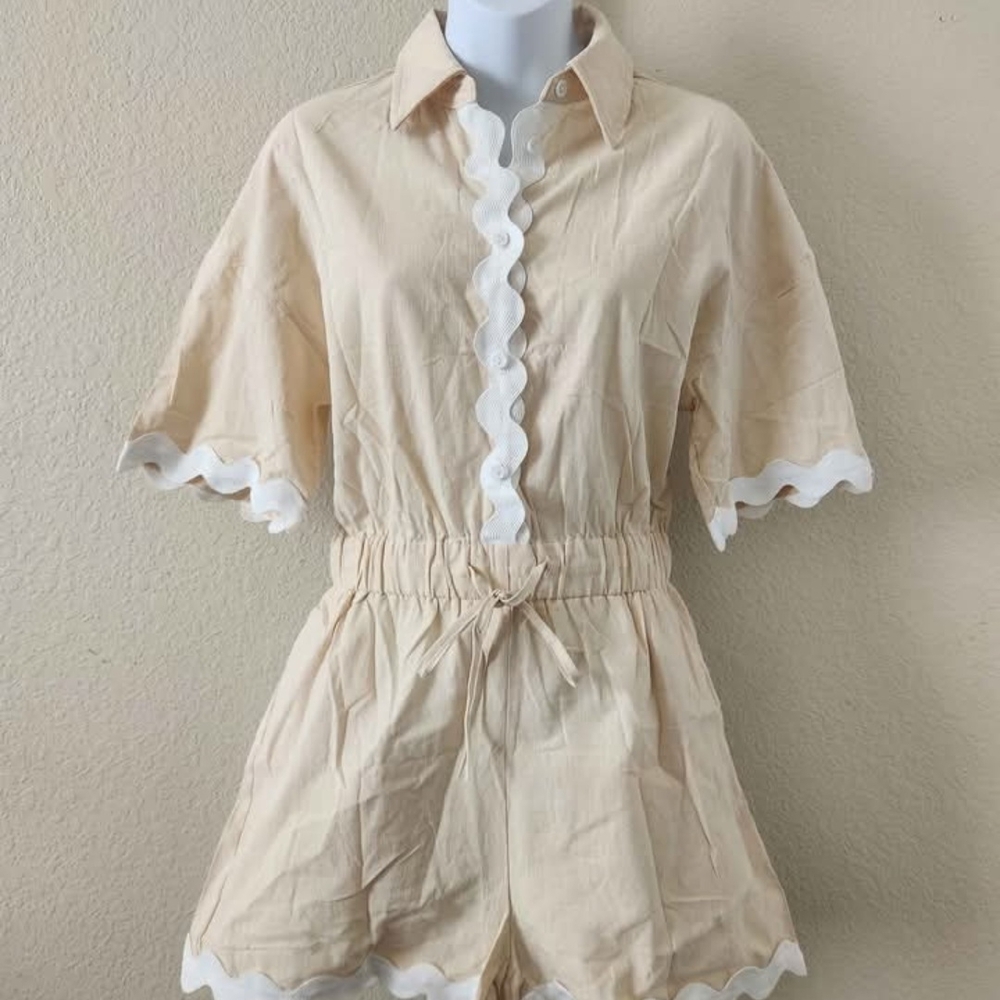 Beige and White Scalloped Romper